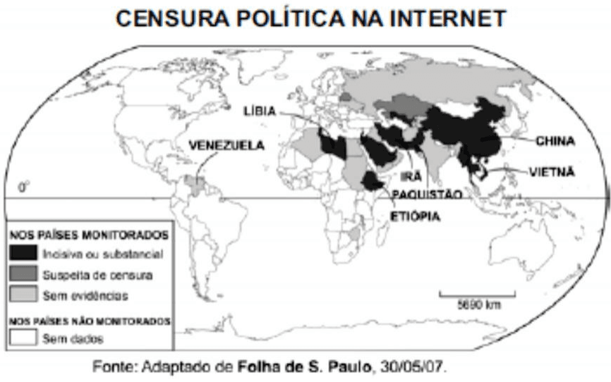 Censura política na internet: países identificados, quatro classes de legenda, escala e fonte Adaptado de Folha de S. Paulo, 30/05/07.