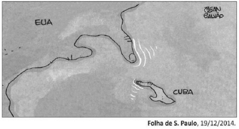 Charge de Jean Galvão com EUA e Cuba representados como mãos que se aproximam, assinatura e crédito Folha de S. Paulo, 19/12/2014.