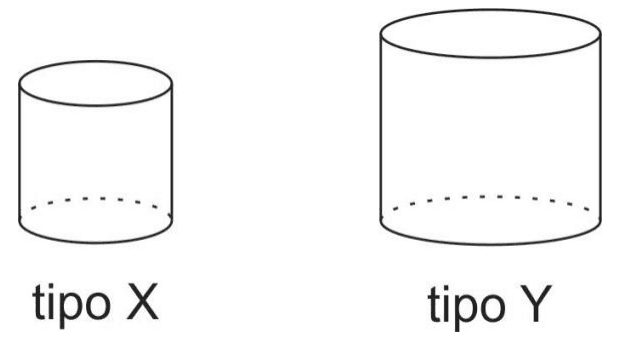 Dois blocos cilíndricos retos, de alturas distintas, com rótulos tipo X e tipo Y. Preservados contornos, elipses superiores e linhas tracejadas das bases inferiores.