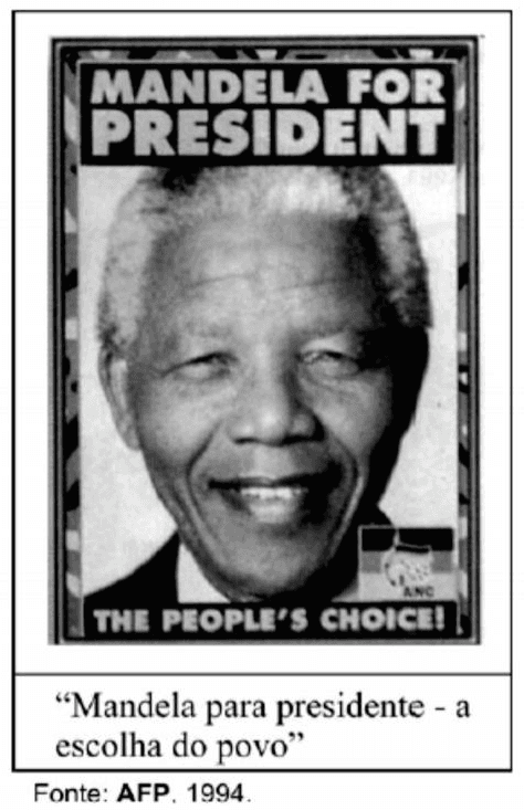 Cartaz Mandela for President, The People’s Choice!, com tradução Mandela para presidente - a escolha do povo e crédito Fonte: AFP. 1994.