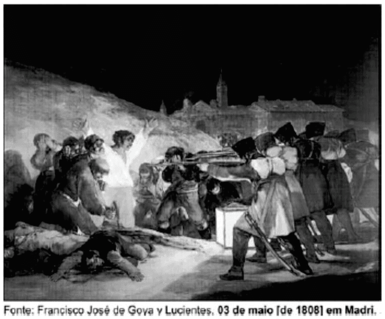 Pintura de Goya sobre o fuzilamento em Madri, com crédito e título 03 de maio [de 1808] em Madri.