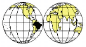 Mapa da alternativa d: projeção equivalente em dois hemisférios com Brasil destacado. Descrição e crédito em LaTeX.