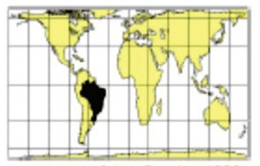 Mapa da alternativa e: projeção cilíndrica equivalente com Brasil destacado. Descrição e crédito em LaTeX.
