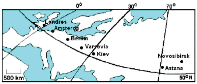 Mapa com cidades entre Londres e Novosibirsk, meridianos 0°, 30° e 70°, paralelo 50°N e escala de 580 km.