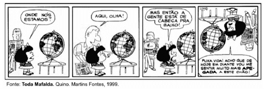 Tirinha de quatro quadros: Mafalda e globo terrestre, com balões de fala e crédito Toda Mafalda, Quino, Martins Fontes, 1999.
