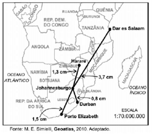 Mapa de cidades africanas com medidas 1,3 cm, 3,7 cm, 0,8 cm e 1,5 cm, escala 1:70.000.000 e crédito M. E. Simielli, Geoatlas, 2010.