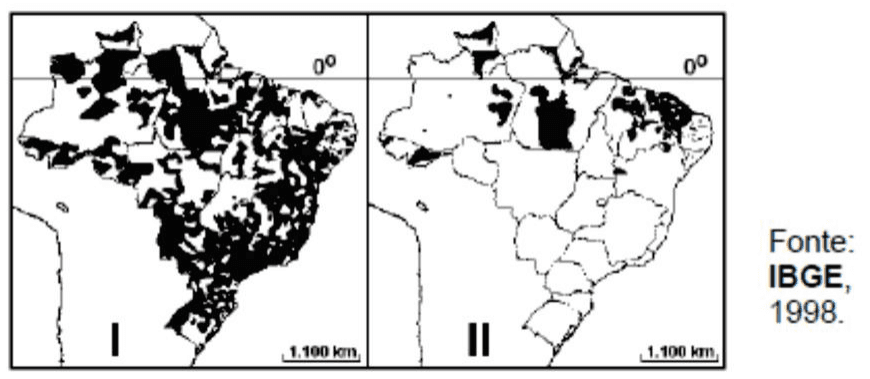 Dois mapas do Brasil I/II com áreas preenchidas, paralelo 0°, escalas de 1.100 km e crédito Fonte: IBGE, 1998.
