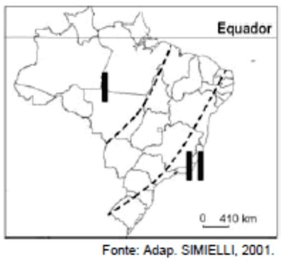 Mapa brasileiro com áreas I e II delimitadas, Equador, escala de 410 km e crédito Fonte: Adap. SIMIELLI, 2001.