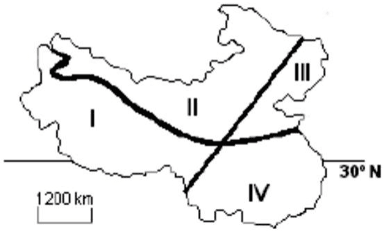 Divisão da China em quatro regiões I/II/III/IV, paralelo 30° N e escala 1200 km.