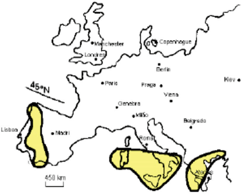 Três regiões europeias destacadas em amarelo, cidades, paralelo 45° N e escala 450 km.