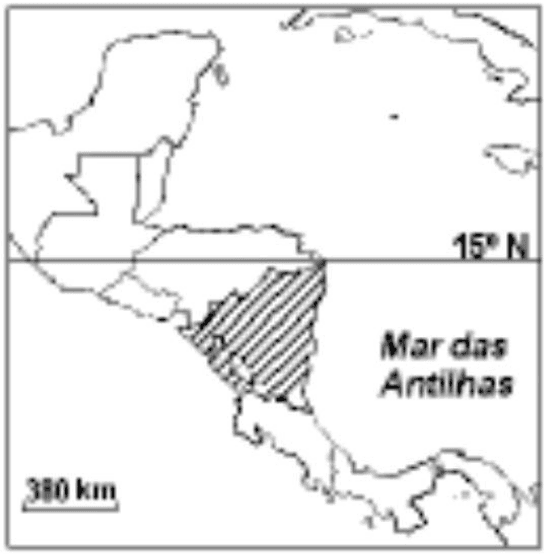 Mapa da América Central com um país hachurado, paralelo 15° N, Mar das Antilhas e escala 380 km.