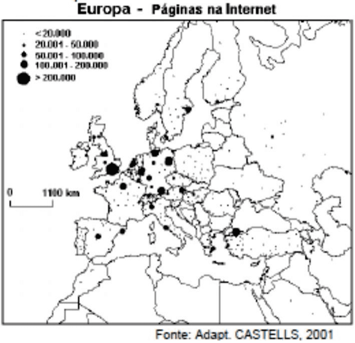 Europa - Páginas na Internet, círculos proporcionais, legenda de cinco classes, escala 1100 km e crédito Adapt. CASTELLS, 2001.