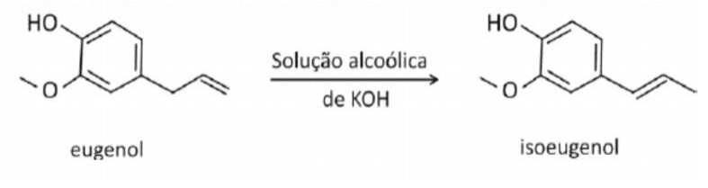 Estruturas de eugenol e isoeugenol ligadas por seta com solução alcoólica de KOH.