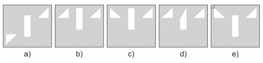 Cinco anteparos alternativos a a e com as imagens luminosas de três lâmpadas.