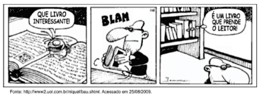 Tira em três quadros: personagem lê um livro, a capa se fecha sobre ele e o livro prende o leitor; referência à fonte e data de acesso.