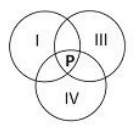 Alternativa b: três círculos com I, III e IV; P na interseção dos três.