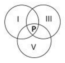 Alternativa c: três círculos com I, III e V; P na interseção dos três.