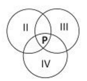 Alternativa d: três círculos com II, III e IV; P na interseção dos três.