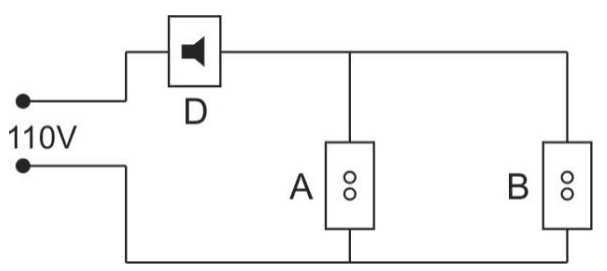 Rede de 110 V com disjuntor D e tomadas A e B em paralelo.