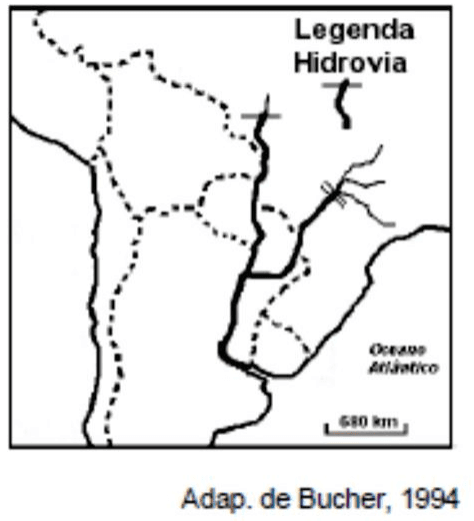 Cartograma da hidrovia Paraná-Paraguai, com legenda, escala, Oceano Atlântico e crédito Adap. de Bucher, 1994.