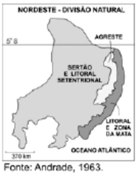 Nordeste - Divisão Natural: Sertão e litoral setentrional, Agreste, Litoral e Zona da Mata; paralelo 5°S, escala, Oceano Atlântico e crédito Andrade, 1963.