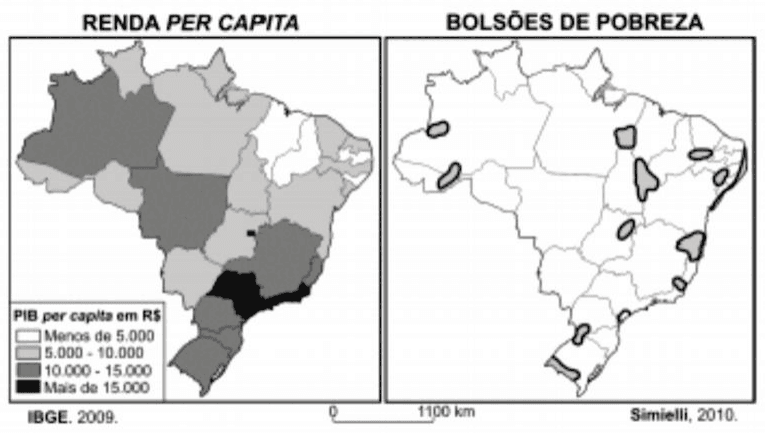 Dois mapas do Brasil: renda per capita, classes de PIB per capita em reais e bolsões de pobreza; escala e créditos IBGE, 2009, e Simielli, 2010.