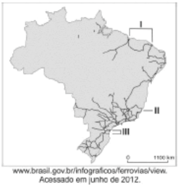 Malha ferroviária do Brasil com áreas I, II e III, escala e crédito www.brasil.gov.br/infograficos/ferrovias/view, acessado em junho de 2012.