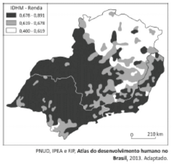 Mapa do IDHM-Renda da região Sudeste, com três faixas, limites estaduais, escala e crédito PNUD, IPEA e FJP, Atlas do desenvolvimento humano no Brasil, 2013, adaptado.