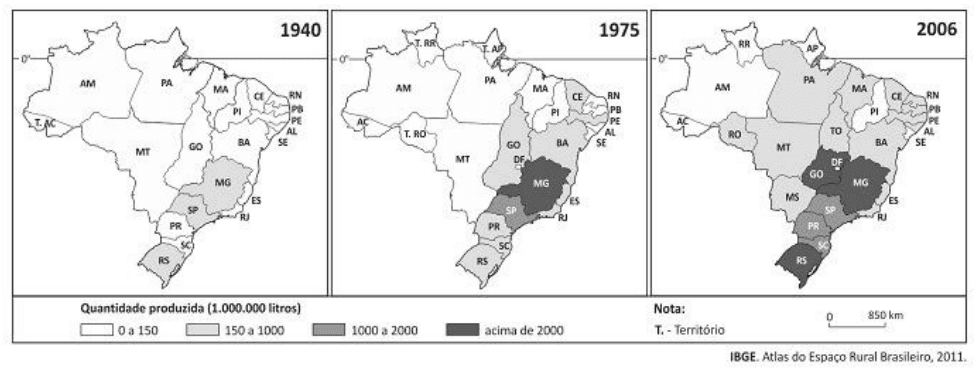 Três mapas de produção de leite no Brasil em 1940, 1975 e 2006, siglas estaduais, legenda quantitativa em 1.000.000 litros, nota T. - Território, escala e crédito IBGE, Atlas do Espaço Rural Brasileiro, 2011.