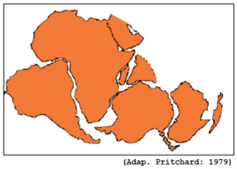 Mapa da posição aproximada das massas continentais no final do Jurássico e crédito Adap. Pritchard: 1979.