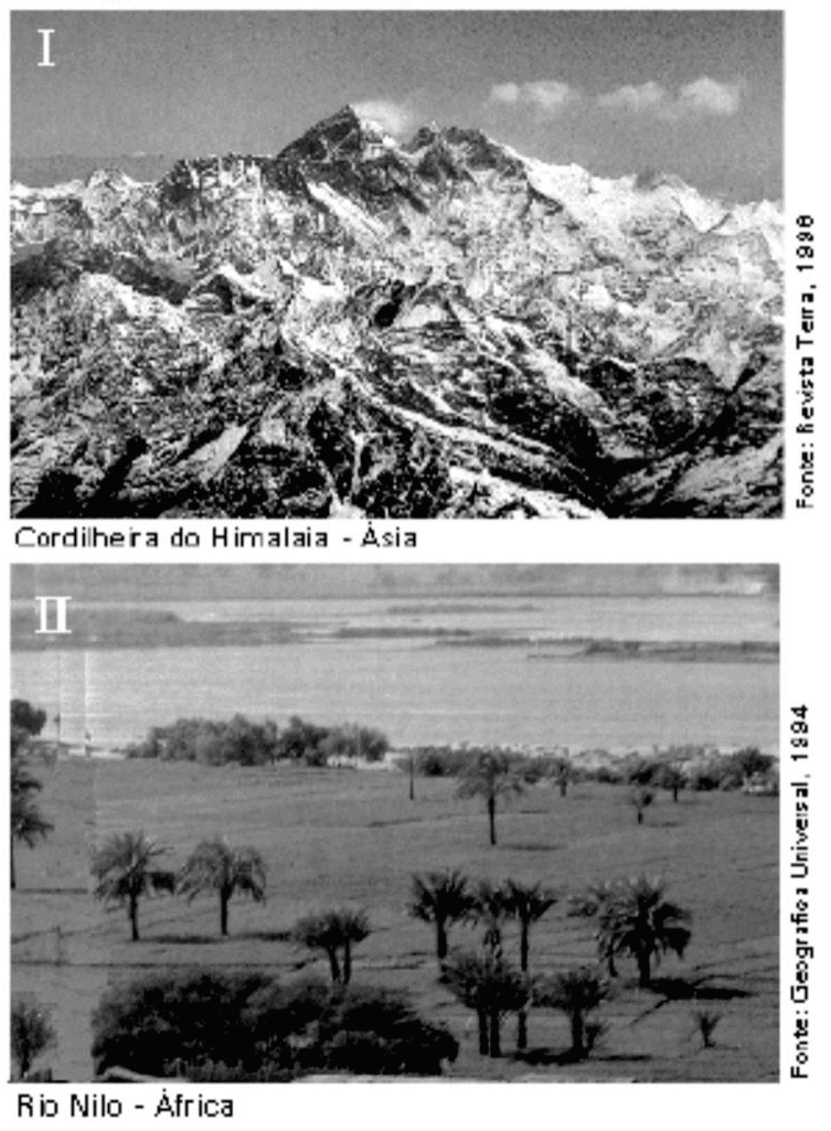 Fotografias I e II da Cordilheira do Himalaia, Ásia, e do Rio Nilo, África, com legendas e créditos laterais.