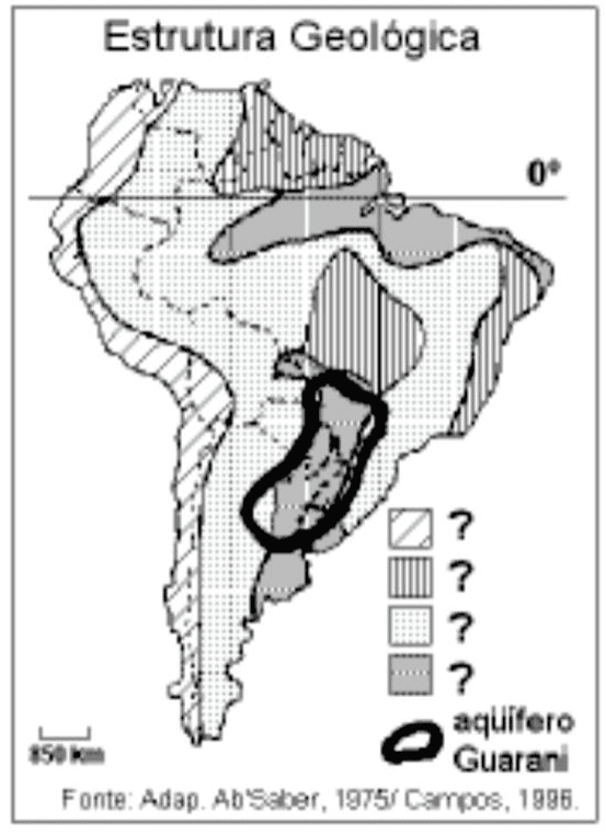 Mapa da estrutura geológica da América do Sul com aquífero Guarani, quatro padrões e interrogações, paralelo 0°, escala de 850 km e crédito Ab’Saber/Campos.