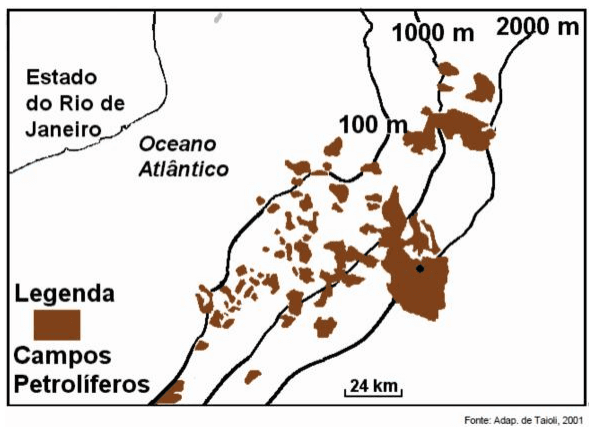 Mapa da Bacia de Campos com campos petrolíferos, Rio de Janeiro, Oceano Atlântico, profundidades 100/1000/2000 m, escala 24 km e crédito da fonte.