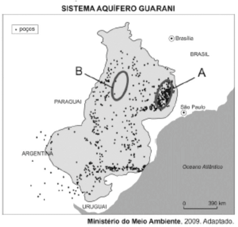 Sistema Aquífero Guarani, poços, regiões A/B, países, Brasília, São Paulo, Oceano Atlântico, escala 390 km e crédito Ministério do Meio Ambiente, 2009.