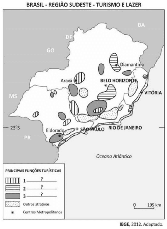 Mapa Brasil - Região Sudeste - Turismo e Lazer, com áreas de funções turísticas 1, 2 e 3, hachuras, legenda, outros atrativos, centros metropolitanos, cidades, estados, paralelo 23°S, escala de 195 km e crédito IBGE, 2012.
