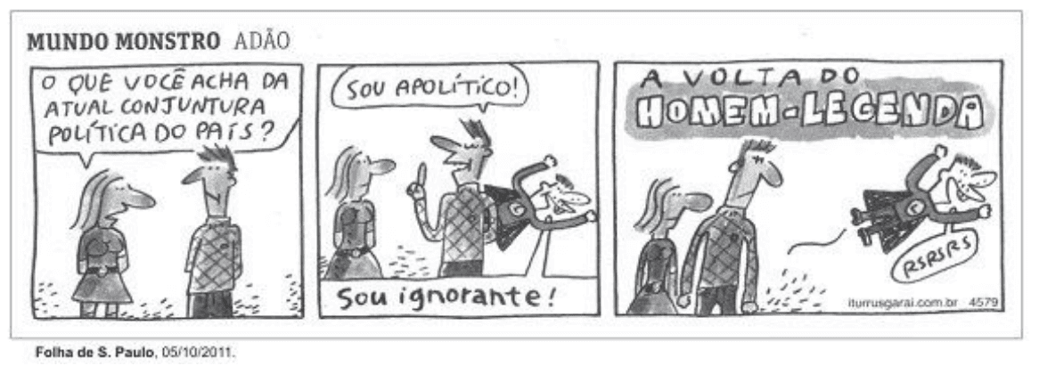 Charge Mundo Monstro, de Adão, apresentada como Texto 5, com referência à Folha de S.Paulo de 05/10/2011.