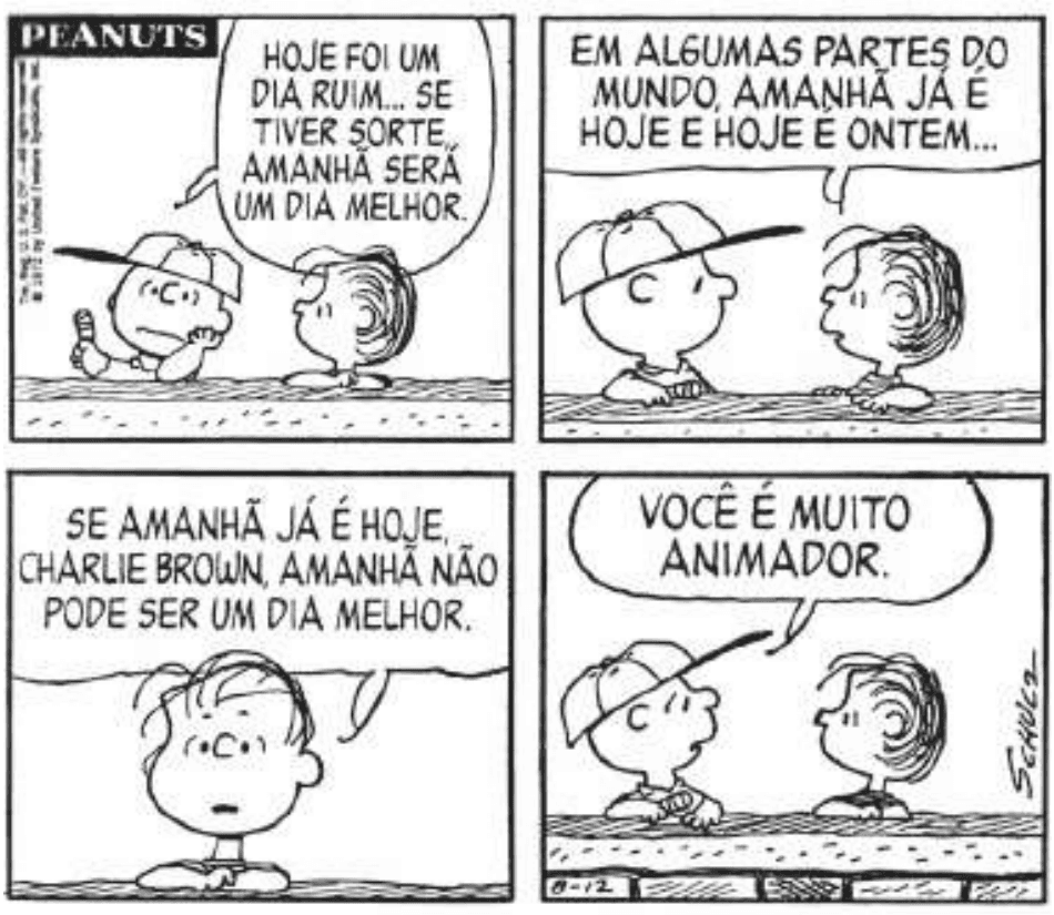 Charge Peanuts em quatro quadros sobre diferenças de dia e horário.