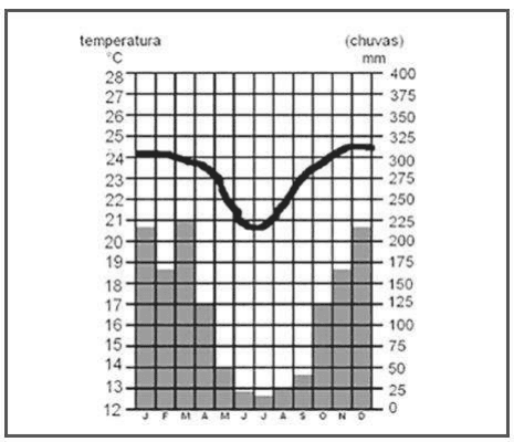 Climograma Jan–Dez, temperatura12a28°C, chuva0a400mm; barras úmidas de verão e secas de inverno, curva mínima próxima20,5°C em junho/julho.
