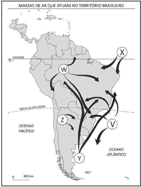 Mapa da América do Sul e massas de ar X,W,Z,V,Y com setas, oceanos, Equador, Trópico de Capricórnio e escala0a801km.
