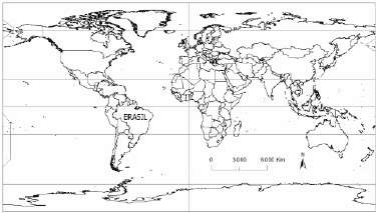 Mapa político mundial, com Brasil identificado.