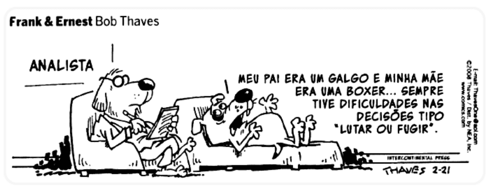 Tira Frank & Ernest de Bob Thaves: cão deitado conversa com analista; menciona pai galgo, mãe boxer e decisões entre lutar ou fugir. Créditos da tira presentes.