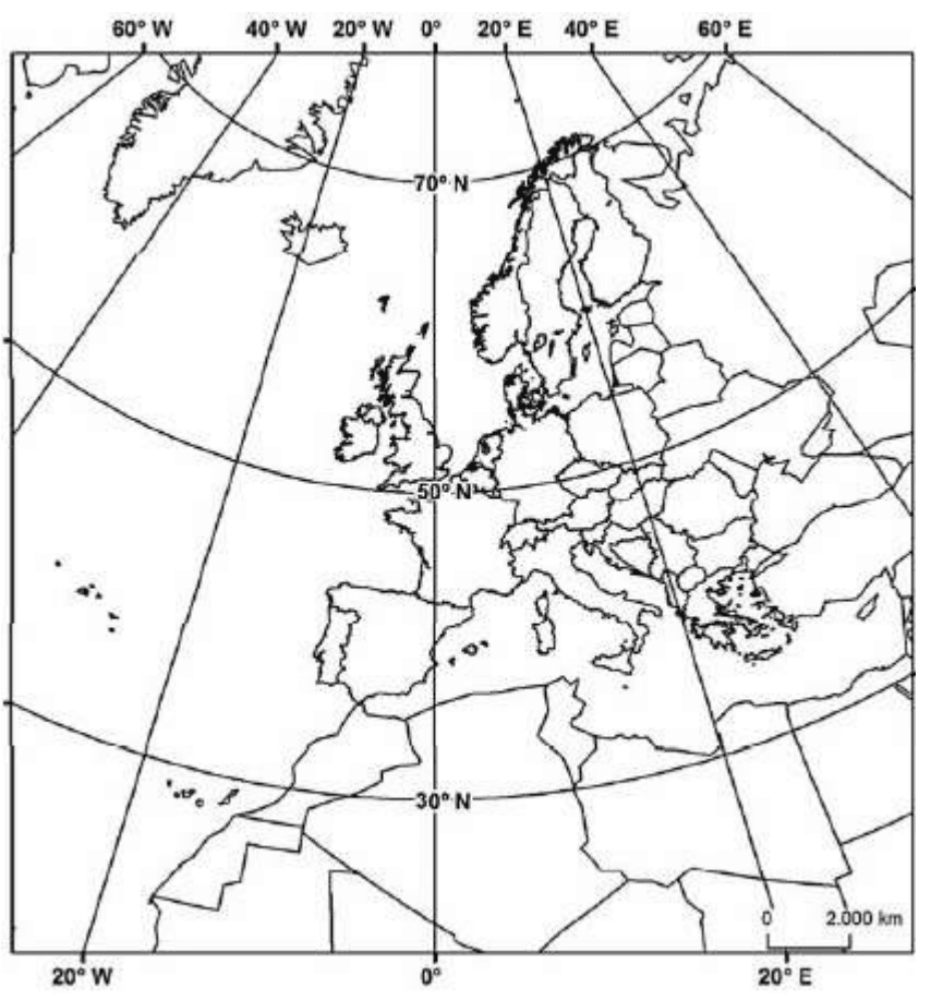 Mapa da Europa, norte da África e adjacências com meridianos, paralelos e escala.