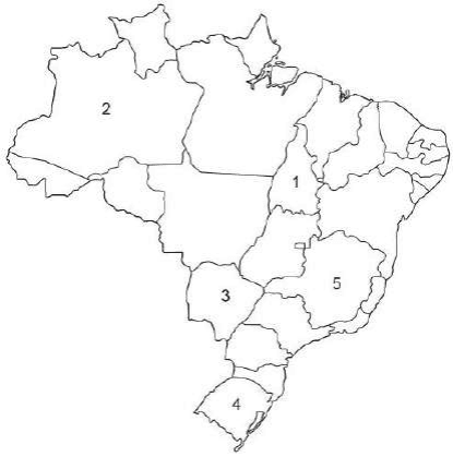 Mapa do Brasil com estados e números1no Tocantins,2no Amazonas,3no Mato Grosso do Sul,4no Rio Grande do Sul,5em Minas Gerais.