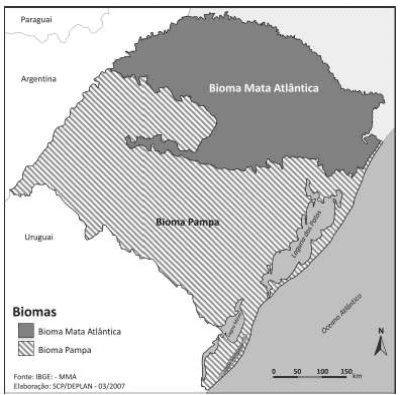 Mapa do Rio Grande do Sul com Bioma Mata Atlântica e Bioma Pampa, legenda, países vizinhos, Lagoa dos Patos, Oceano Atlântico, norte, escala e crédito IBGE/MMA/SCP/DEPLAN.