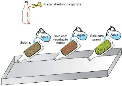 Experimento com garrafas cortadas, água e solos nu, com vegetação morta e com grama.