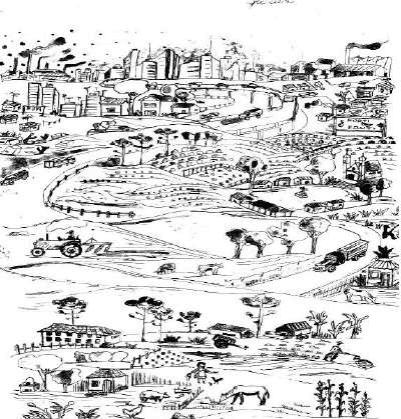 Paisagem em transformação, de vegetação e animais a atividades rurais, transporte e cidade industrial.