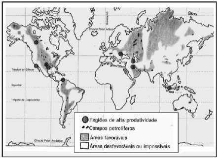 Cartograma mundial de áreas petrolíferas com legenda de produtividade, campos petrolíferos e regiões favoráveis ou desfavoráveis.