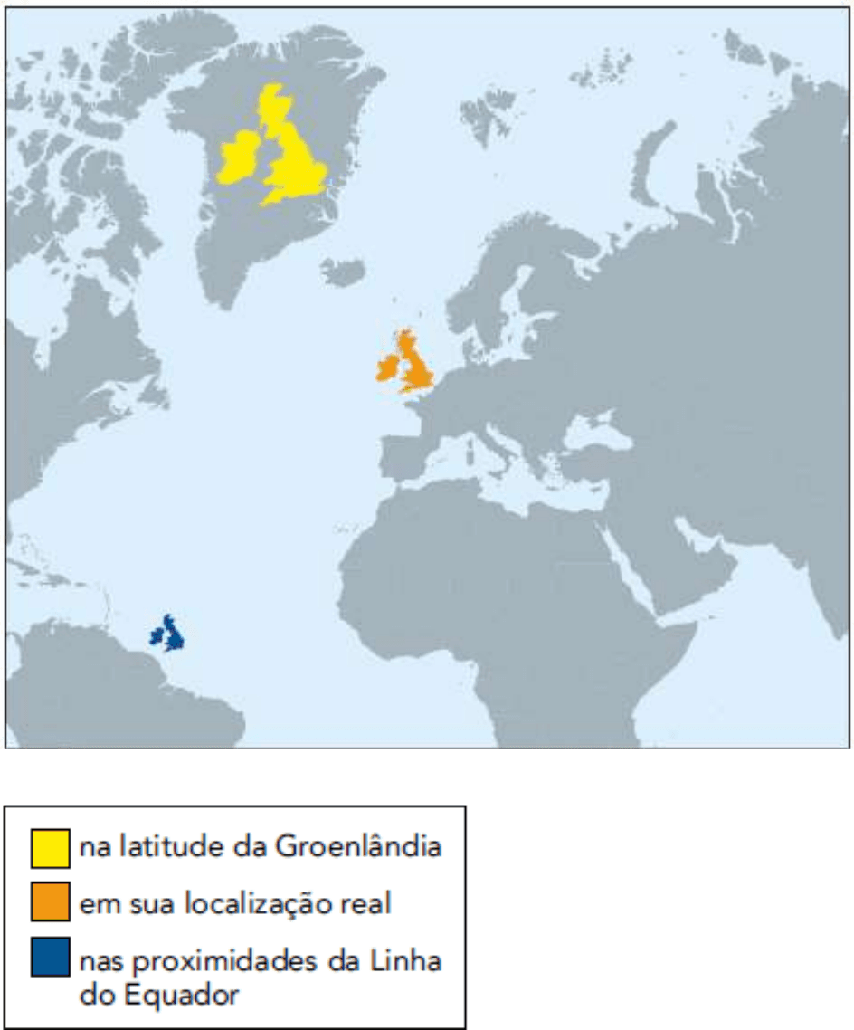 Representações do Reino Unido em três latitudes, com legenda de cores completa.