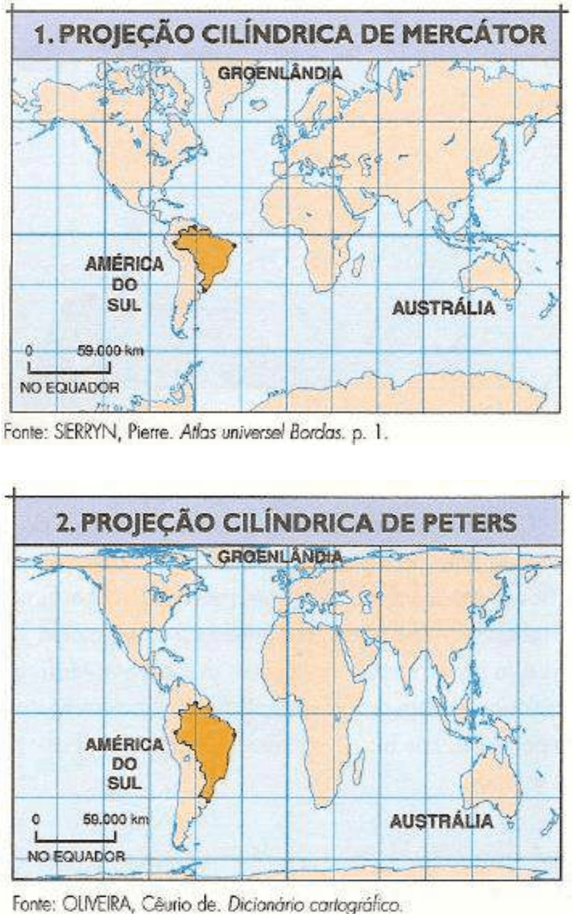Mapas mundiais nas projeções cilíndricas de Mercátor e Peters, com créditos originais.