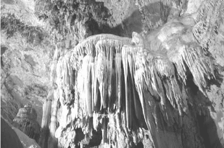 Fotografia de feições pendentes no teto da Gruta do Maquiné.